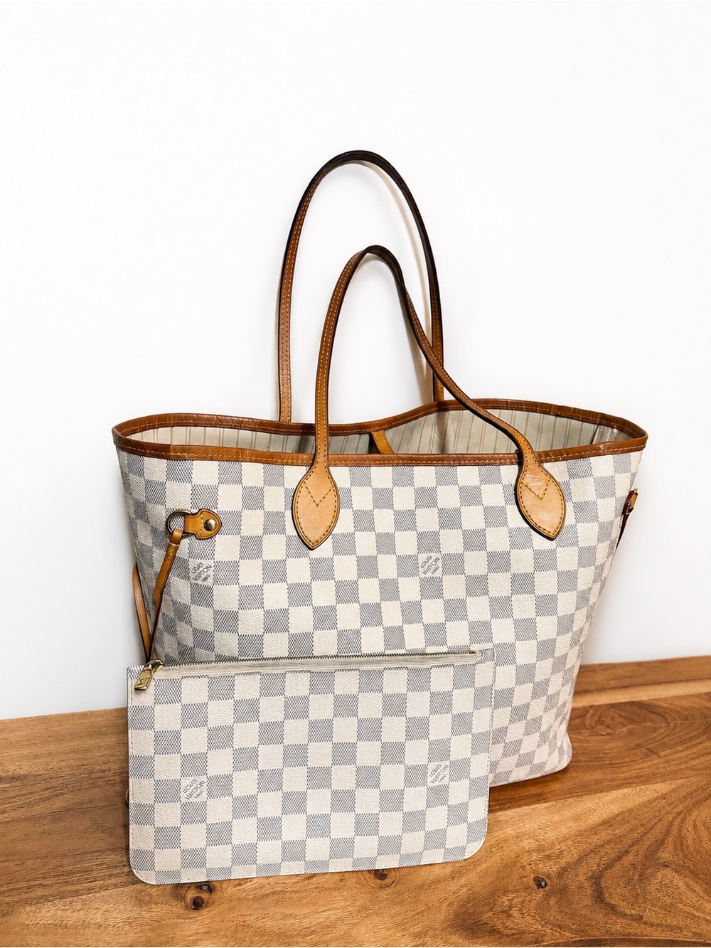 Louis Vuitton Damier Azur Neverfull Tote in White and Tan Leather